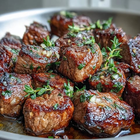 Savory steak bites tossed with garlic, thyme, and parsley, served hot from the skillet for an easy, flavorful weeknight meal.