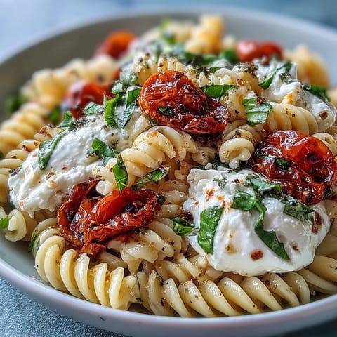 Creamy burrata melts over fresh caprese pasta with burst cherry tomatoes and fragrant basil.
