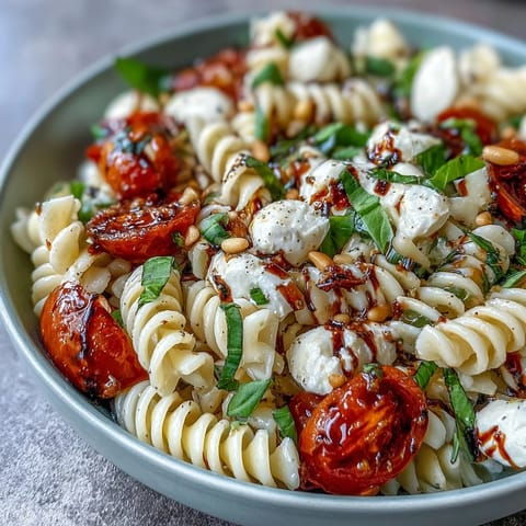 Colorful summer pasta salad with cherry tomatoes, fresh mozzarella, and basil leaves, drizzled with olive oil and balsamic glaze.