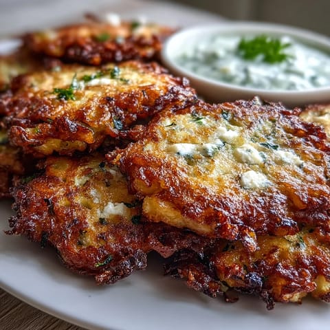 Golden zucchini fritters with feta, drizzled with cool yogurt mint sauce.
