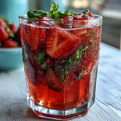 Vibrant strawberry basil mocktail with fresh berries and fragrant basil, served over ice in a clear glass with a lemon wedge.