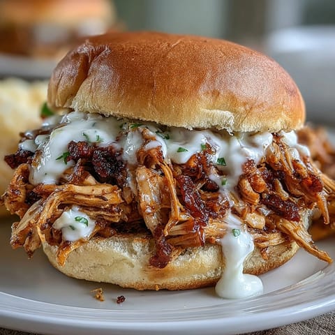 Juicy smoked pulled chicken sandwiches piled high with creamy white BBQ sauce.
