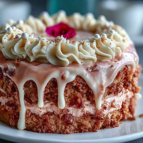 Bridal Shower Rosé Velvet Cake with Gold Drip on a cake stand, blush pink layers frosted with cream cheese and topped with shimmering gold drip.
