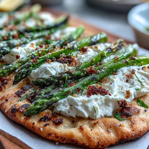Flatbread with roasted asparagus, burrata, and lemon zest, a delicious summer bite.
