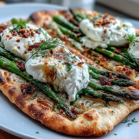 Roasted Asparagus Flatbread with Burrata, bright and creamy for a perfect appetizer.