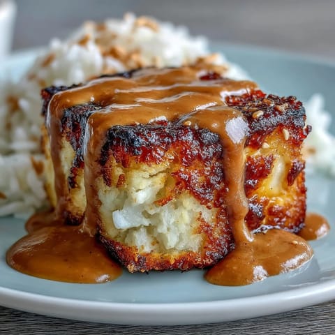 Golden crispy baked tofu bowl, drizzled with peanut sauce, brimming with vibrant vegetables.
