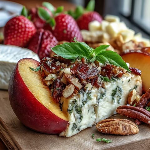 Vibrant summer charcuterie board with fruit, cheese, and honey.
