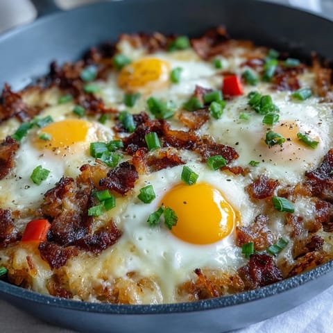 Loaded hash brown skillet photo showcasing crispy potatoes, baked eggs, and bacon.