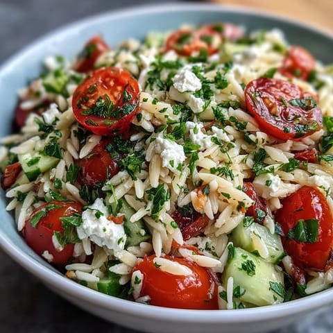 Refreshing orzo salad with feta, vibrant vegetables, and a zesty lemon dressing.