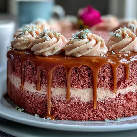 Elegant pink Bridal Shower Rosé Velvet Cake with shimmering gold drip.