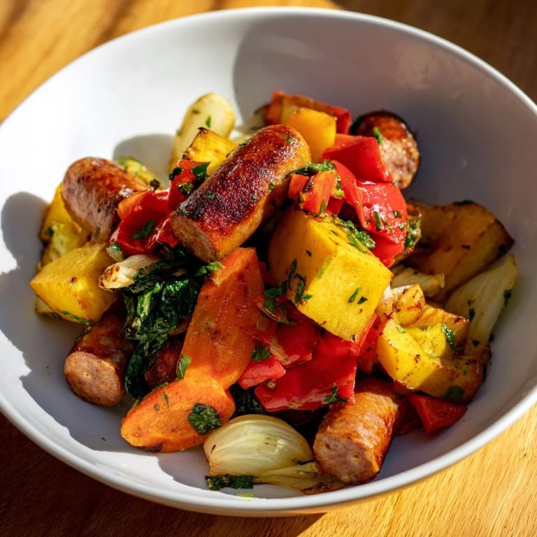 A close-up view of the hearty sheet pan sausage and autumn veggie medley, ready for a comforting weeknight dinner.
