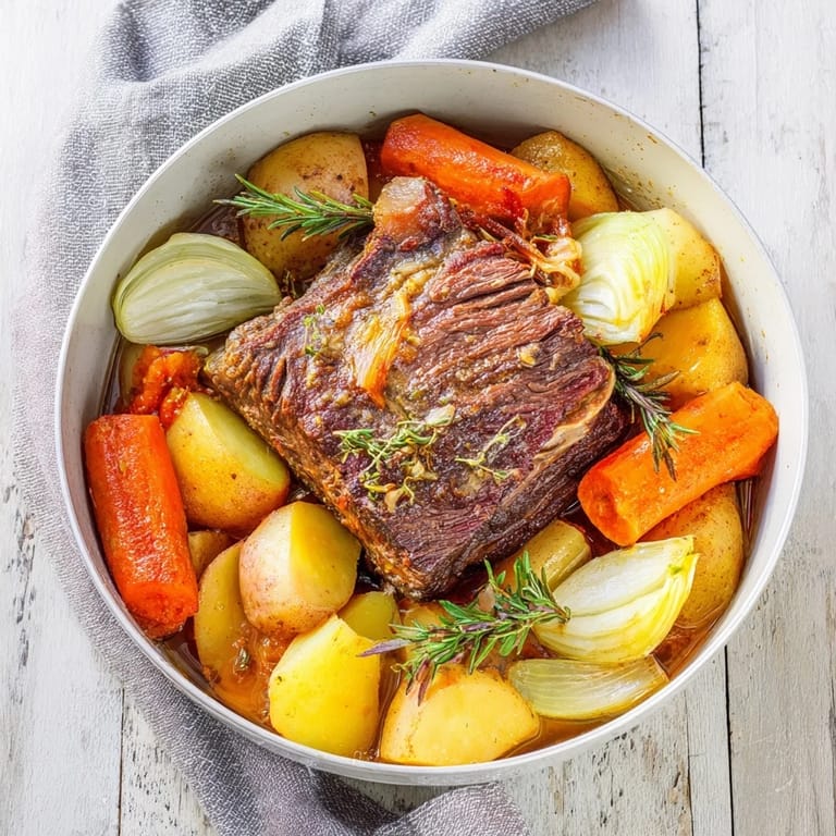 Juicy slices of slow-roasted beef pot roast served with vibrant, flavorful root vegetables.