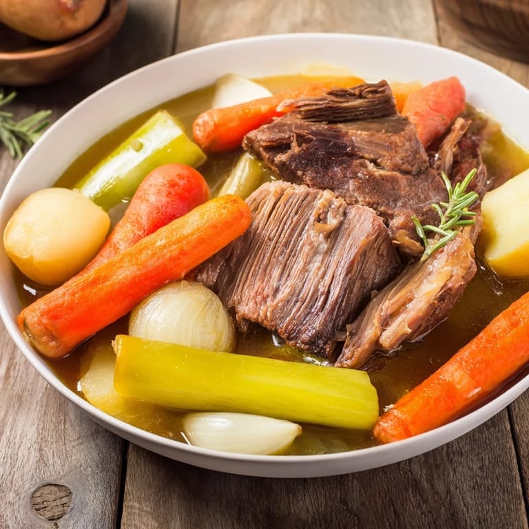 A warm, comforting bowl of slow-roasted beef pot roast, perfect for a chilly evening with friends.