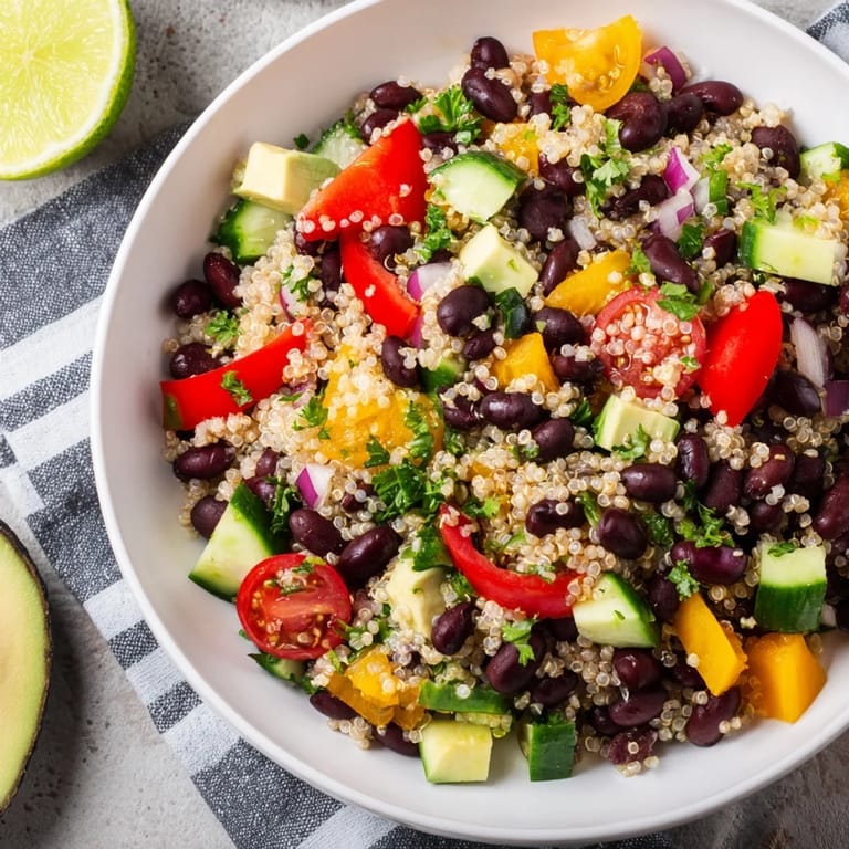 Hearty and healthy refreshing quinoa and black bean salad, perfect as a light, flavorful lunch option.