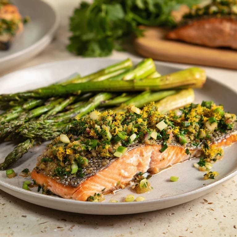 Oven-baked Easy Herb-Crusted Salmon: flaky salmon with a fragrant, herbed crust beside roasted asparagus.