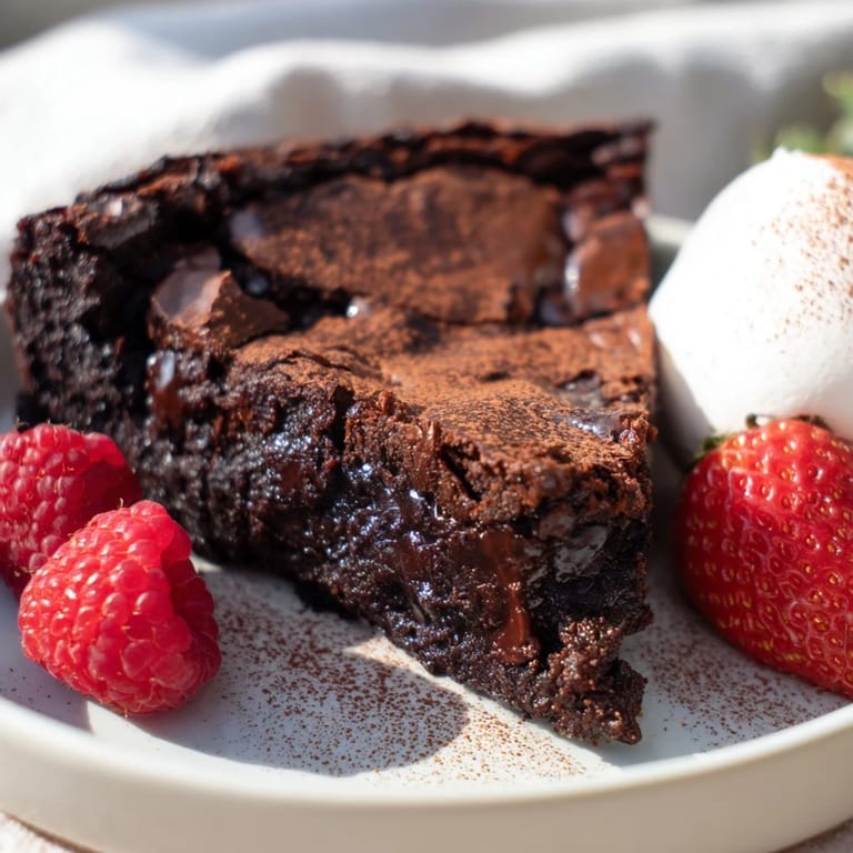 Close-up of a rich Decadent Dark Chocolate Brownie Tart, with a perfectly baked, fudgy center.