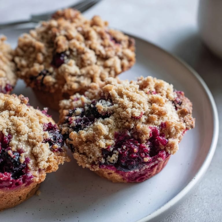 Close-up of fresh, flavorful fluffy homemade blueberry muffins, showing the juicy berries and crunchy streusel.