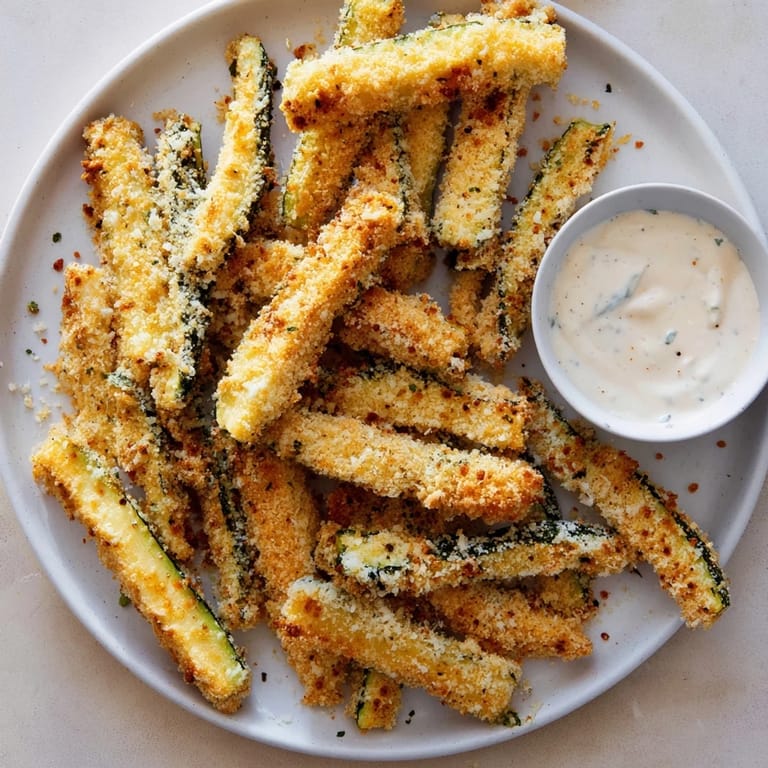 Freshly baked Parmesan zucchini fries ready to be enjoyed, served alongside dipping sauce.