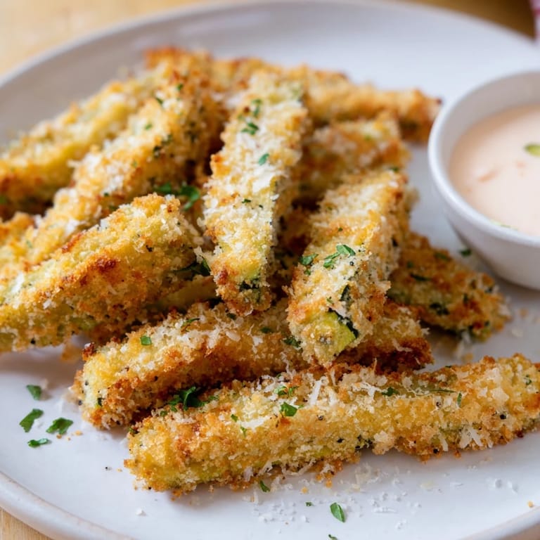 Close-up shot shows crunchy Parmesan zucchini fries dipped in a flavorful sauce.