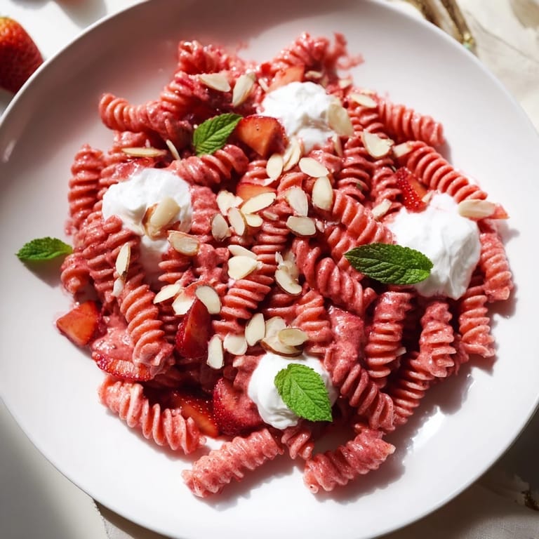This Sweet Strawberry Yogurt Pasta shows creamy yogurt coating noodles topped with fresh strawberries and mint.