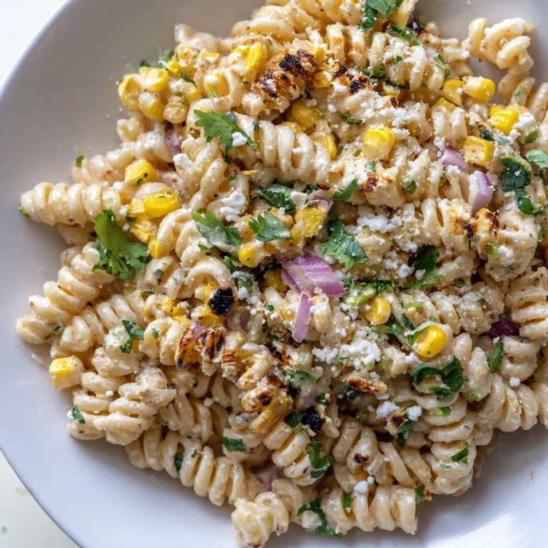 This refreshing Street Corn Pasta Salad features tender pasta coated in a creamy, flavorful dressing.
