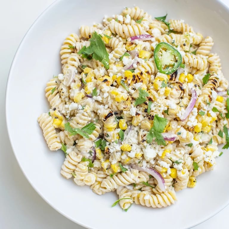 Enjoy a colorful bowl of Street Corn Pasta Salad, perfect for summer barbecues or a quick lunch.