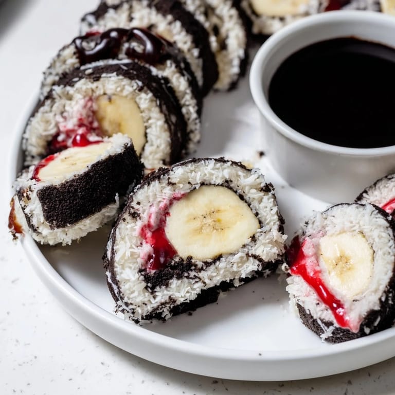 Sweet treat: beautifully arranged Oreo Cookie Sushi Rolls perfect for sharing, drizzled with sauce.