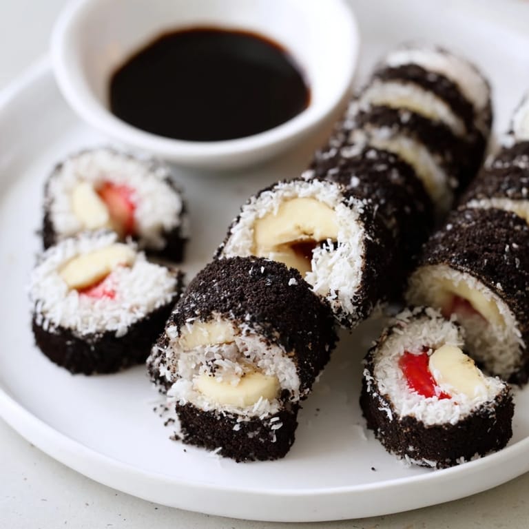 Close-up of vibrant Oreo Cookie Sushi Rolls, showing layers with creamy filling and banana.