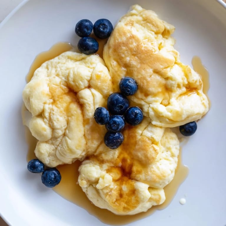 A close-up of soft, perfectly scrambled pancakes, ready to be topped with fresh berries and syrup.