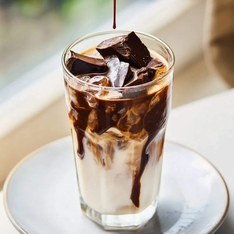 Enjoy a layered Chocolate Cracking Iced Latte, featuring creamy milk, espresso, and chocolate that cracks.