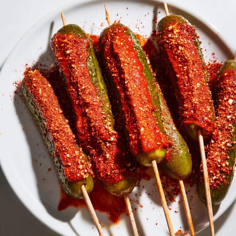 Close-up of vibrant, coated Chamoy-Tajín pickle sticks, perfect for a refreshing Mexican-inspired snack.
