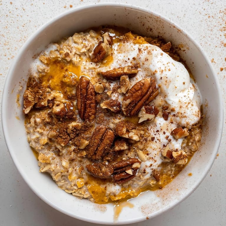 Enjoy a spoonful of flavorful pumpkin spice latte oats, topped with pecans and maple syrup.