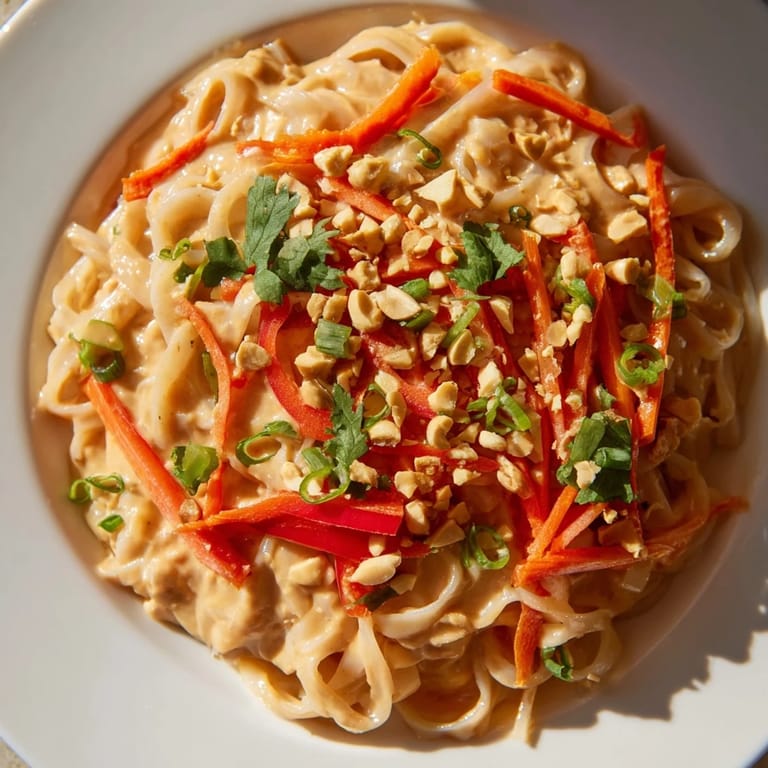 A close-up of vibrant Spicy Peanut Noodles, garnished with scallions and peanuts, offering a taste of deliciousness.