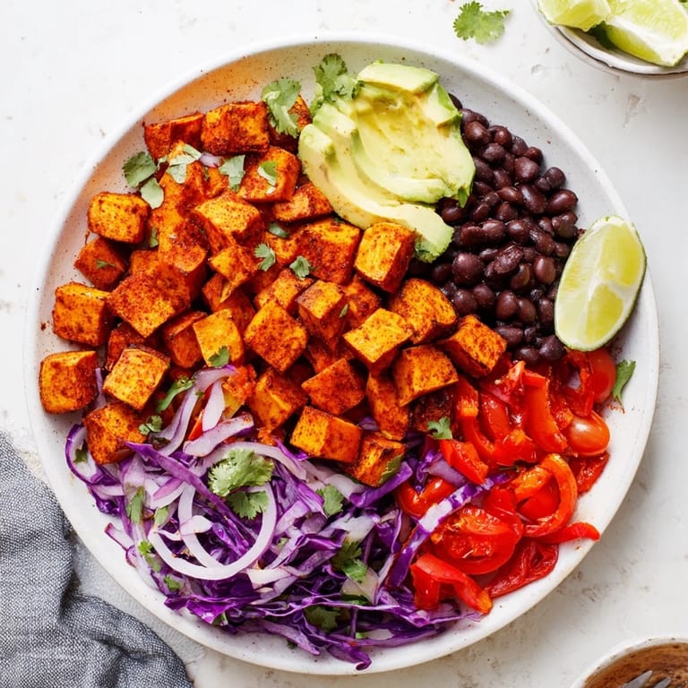 Healthy and vibrant sweet potato taco bowls, perfect for a flavorful vegan dinner tonight with lime wedges.