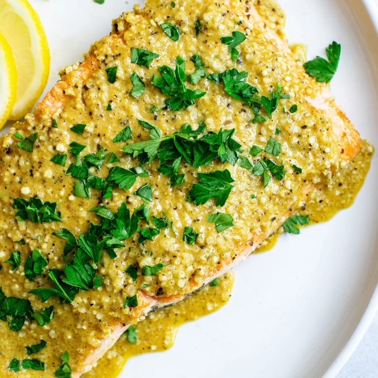 A close-up of baked Honey Mustard Salmon with parsley garnish, served alongside bright lemon wedges.