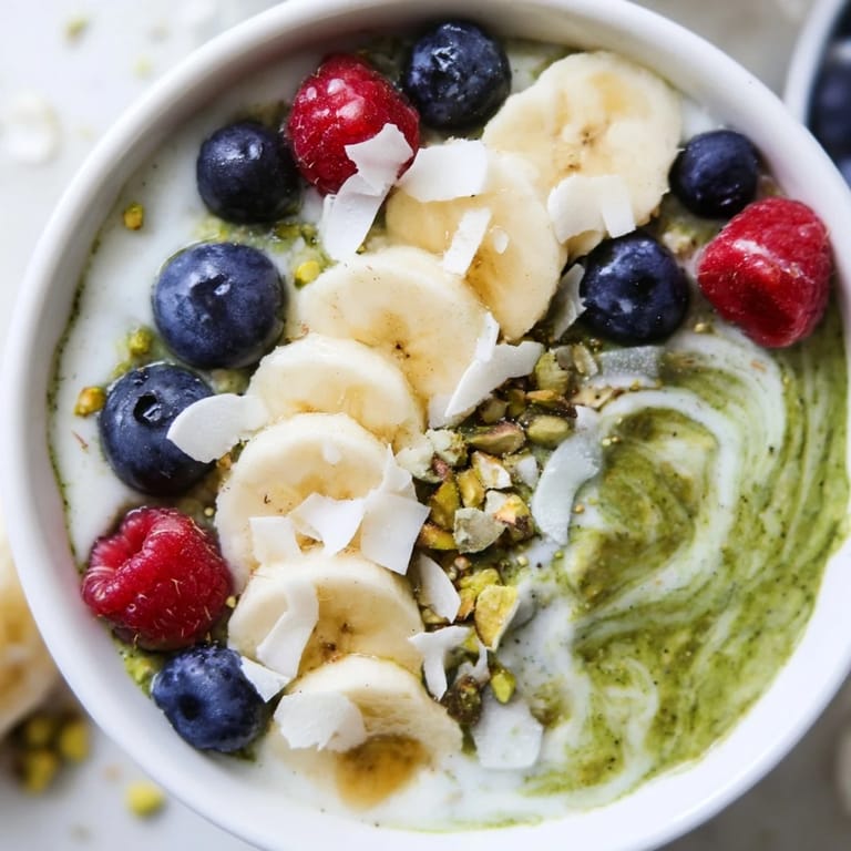 Freshly prepared matcha overnight oats with a swirl of green, topped with sliced bananas and nuts.