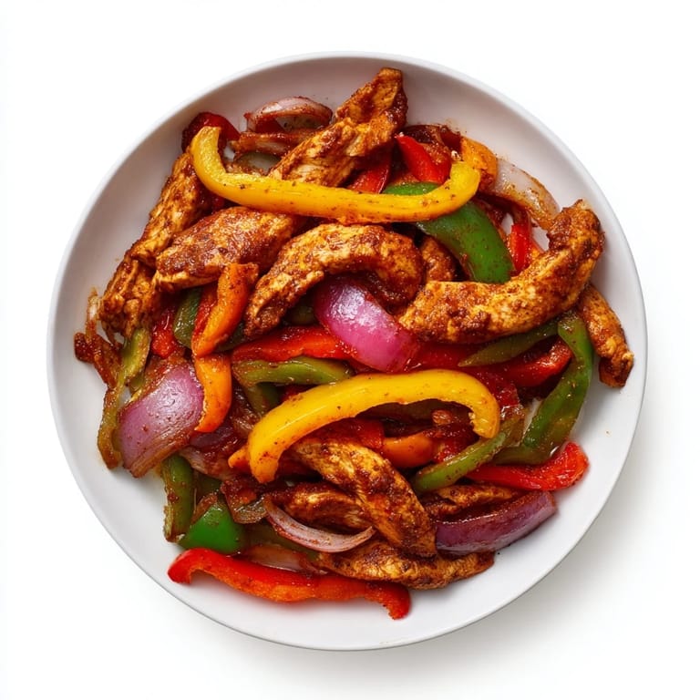 A close-up of a flavorful Chicken Fajita Sheet Pan, sizzled chicken strips and peppers offer warm aroma.