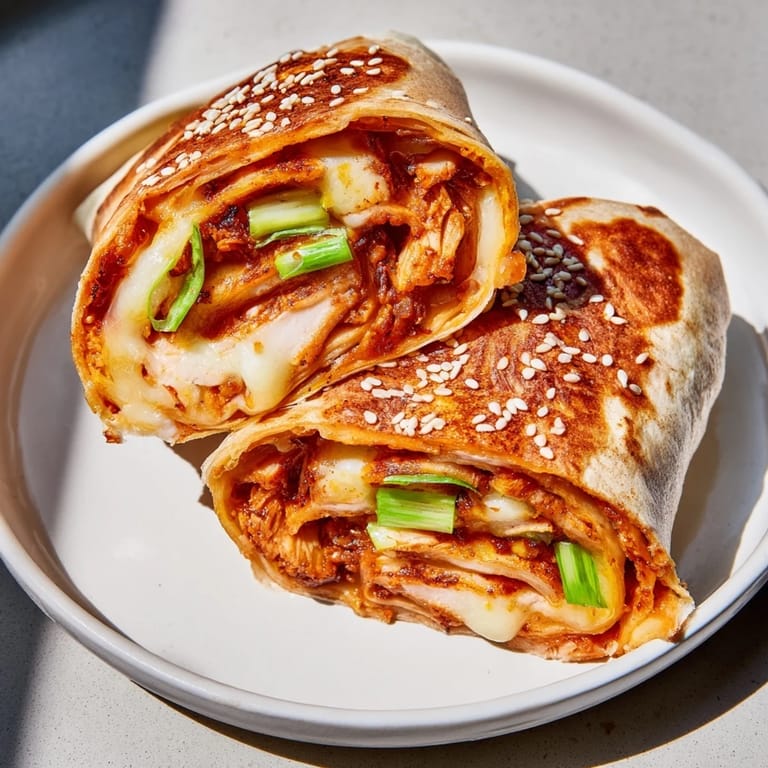 Hot, cheesy Korean BBQ Chicken Wrap Grilled Cheese with sesame seeds and scallions, ready to slice.