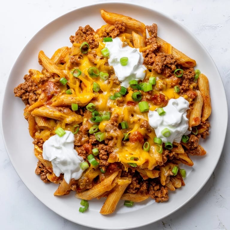 Enjoy a steaming bowl of flavorful One-Pot Taco Pasta, topped with fresh green onions.