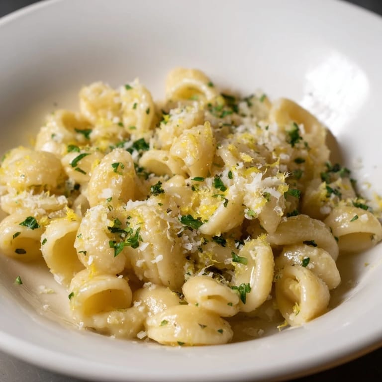 A delightful close-up of creamy 15-Minute Creamy Garlic Butter Ditalini, offering a rich, comforting flavor.