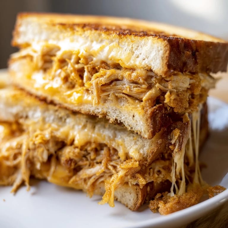 Golden, crispy bread surrounds layers of melted cheese and spicy chicken in a Spicy Crispy Chicken Sandwich Grilled Cheese.