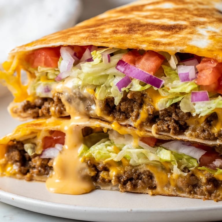 Freshly assembled Taco Bell Crunchwrap Supreme, featuring layers of seasoned beef and crispy tostada shell.