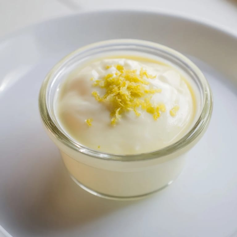 Bright yellow lemon posset, picture of the classic British recipe, a tangy, citrusy dessert.
