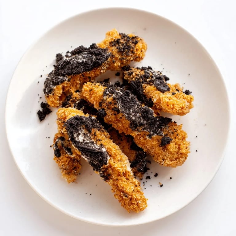Freshly fried DIY KFC Oreo Krusher-inspired chicken tenders offer a perfect bite with crispy Oreo coating.