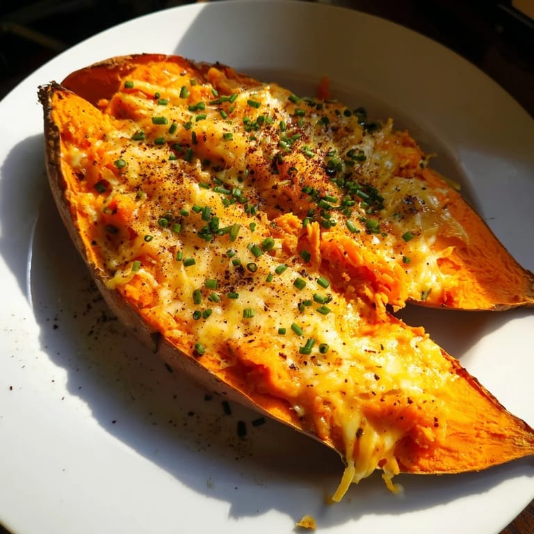 Warm, appetizing photo: A Sweet Potato & Cheese whole roast, stuffed with melted cheese, ready to eat.