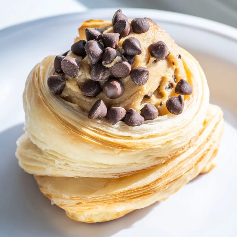 Close-up of a freshly baked Viral Crookie, showing the flaky layers and melted chocolate inside.
