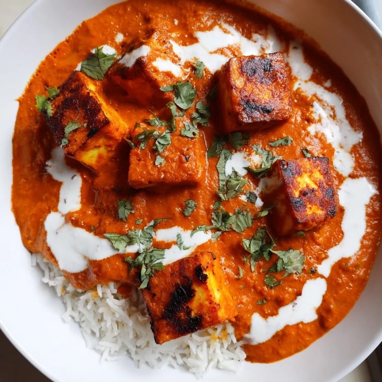 A vibrant bowl of Paneer Tikka Masala, served with fluffy white basmati rice and cilantro.
