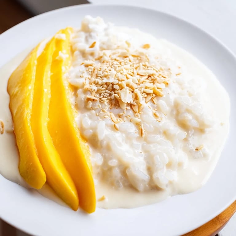 Freshly plated Thai Mango Sticky Rice, showcasing moist, coconutty rice and vibrant mango, ready to enjoy.