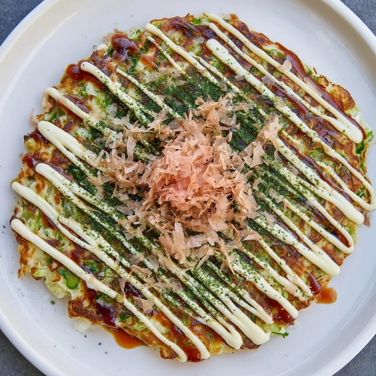 A close-up of steaming Japanese okonomiyaki pancakes, topped with bonito flakes and creamy mayo, ready to eat.
