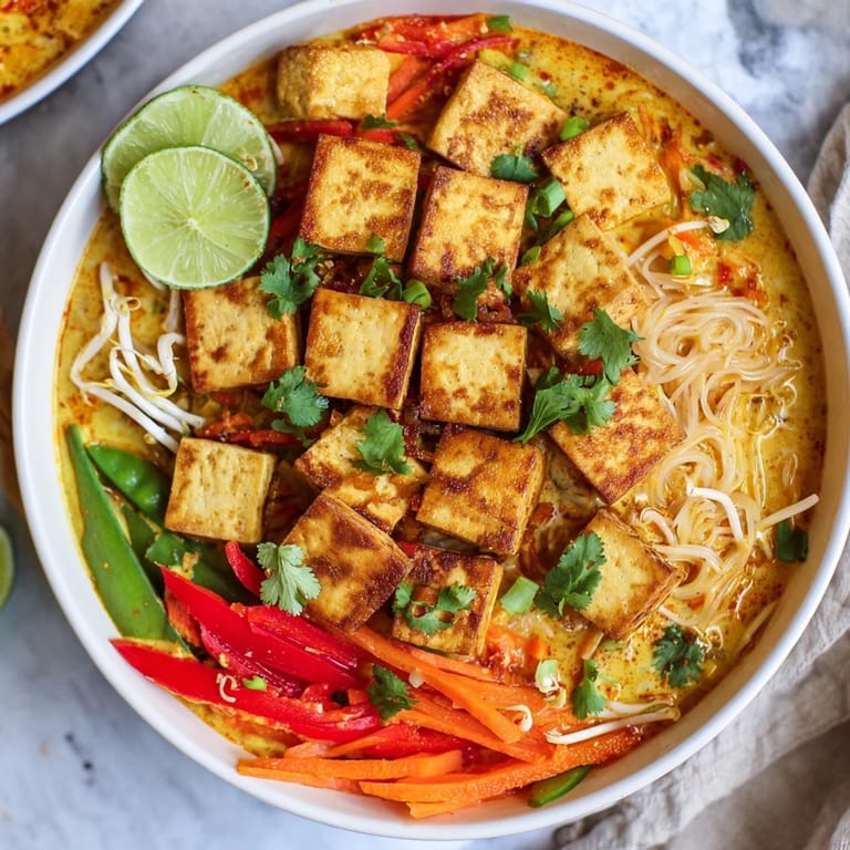 Aromatic Malaysian Laksa with flavorful broth and tofu, garnished with fresh cilantro and lime.